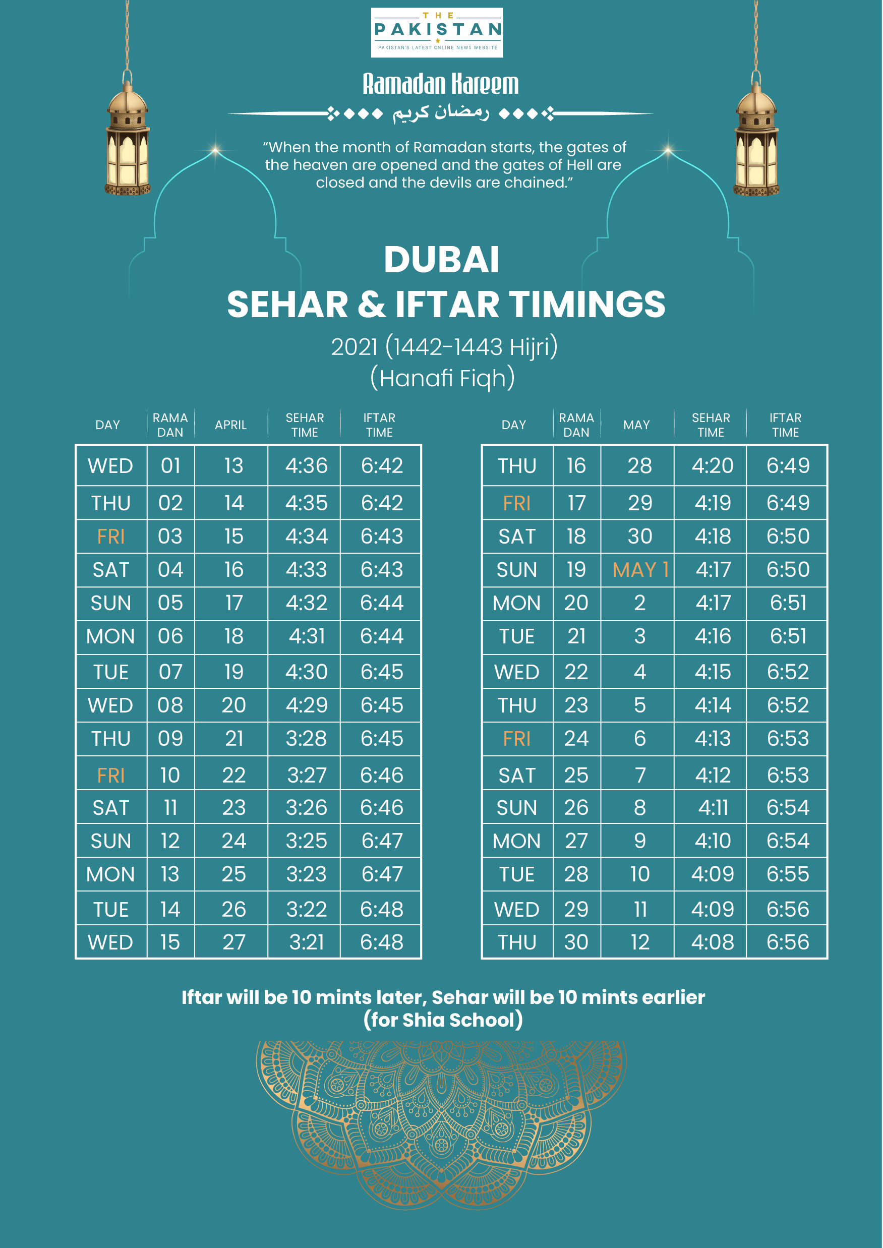 SEHRI & IFTAR TIME - DUBAI​